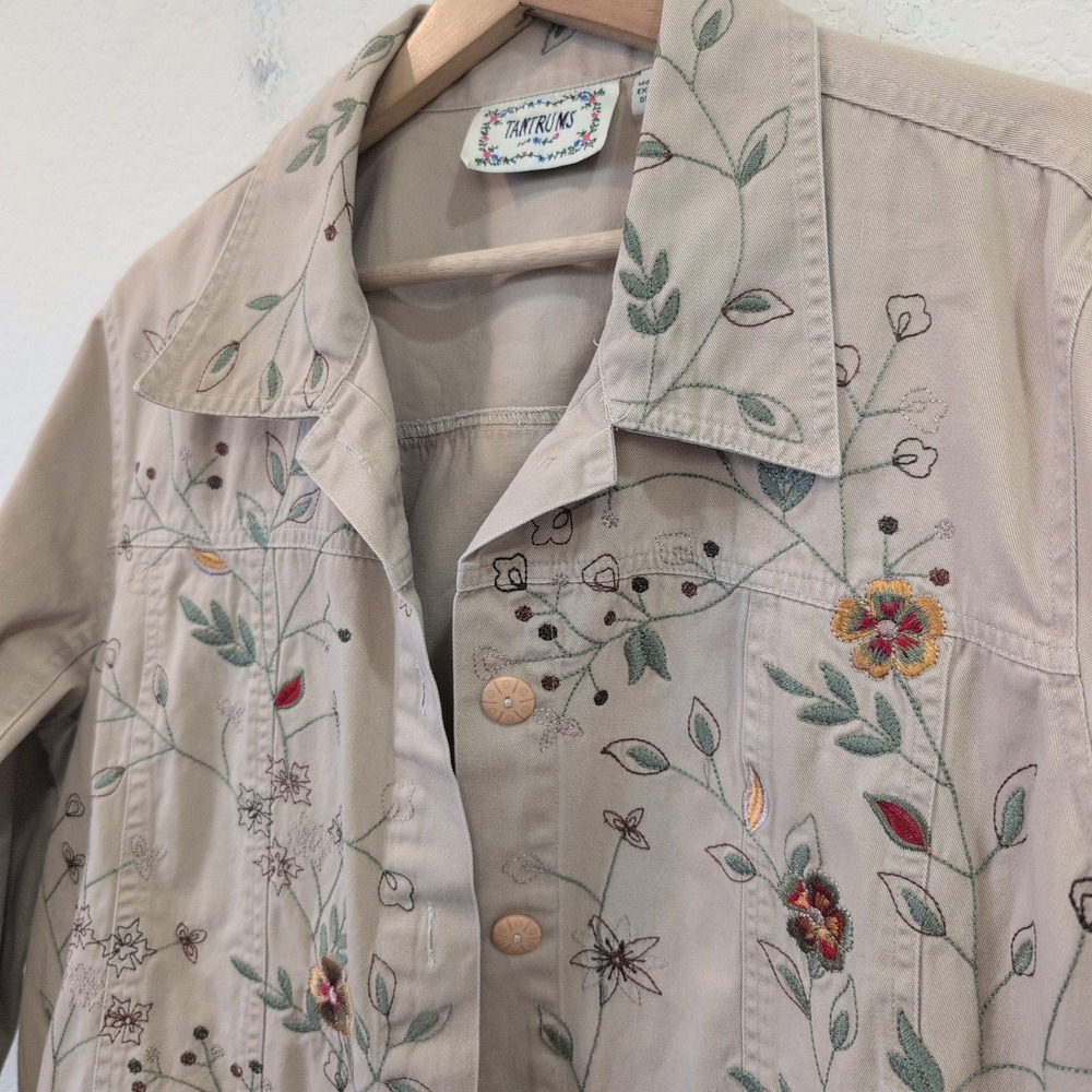 Tantrums Womens XXL Tan Cotton Floral Embroidered Jacket Boho Cottagecore Granny - Picture 7 of 8